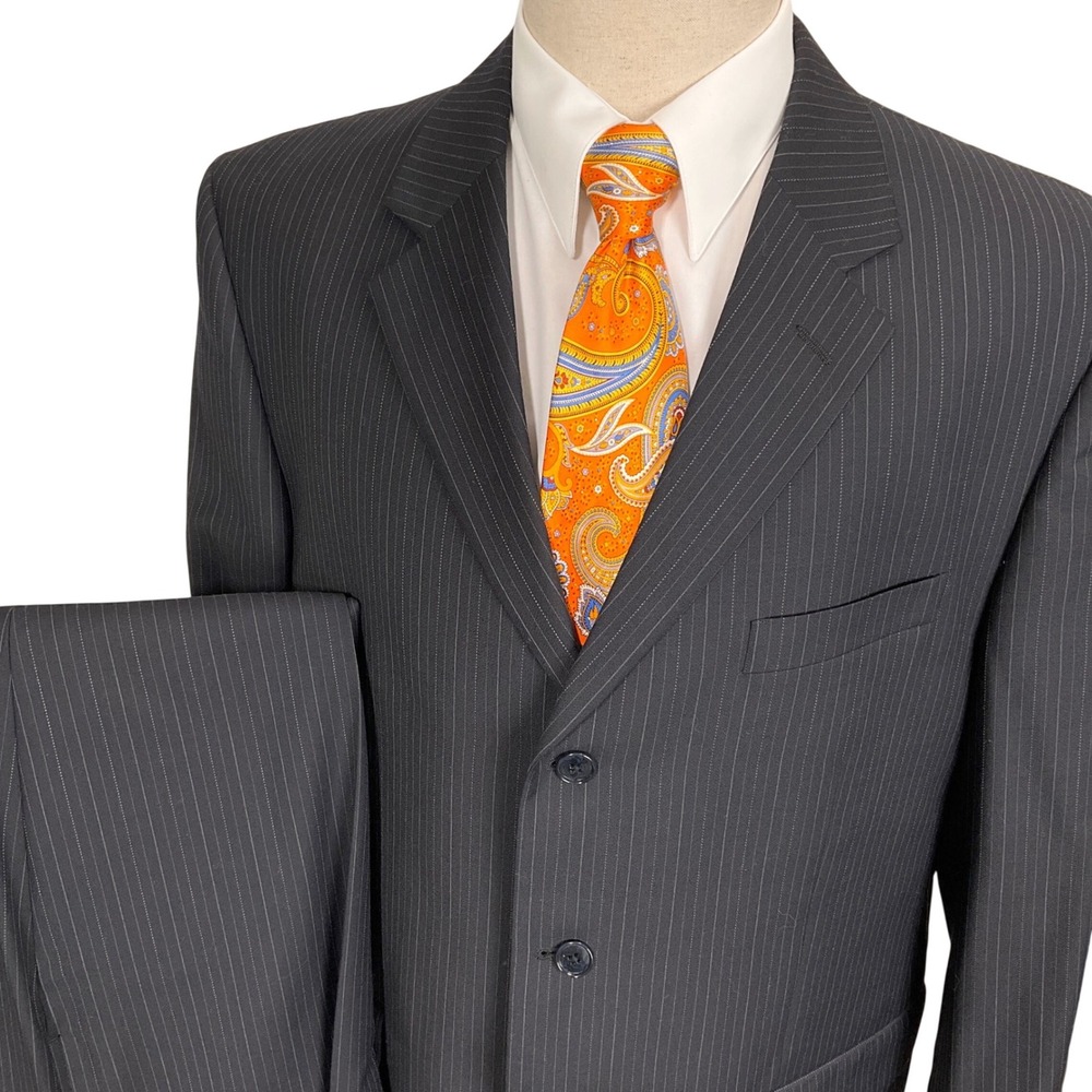 Jones New York Suit Mens 44R 40W Black Pinstripe 3-Button Formal Classic Wool